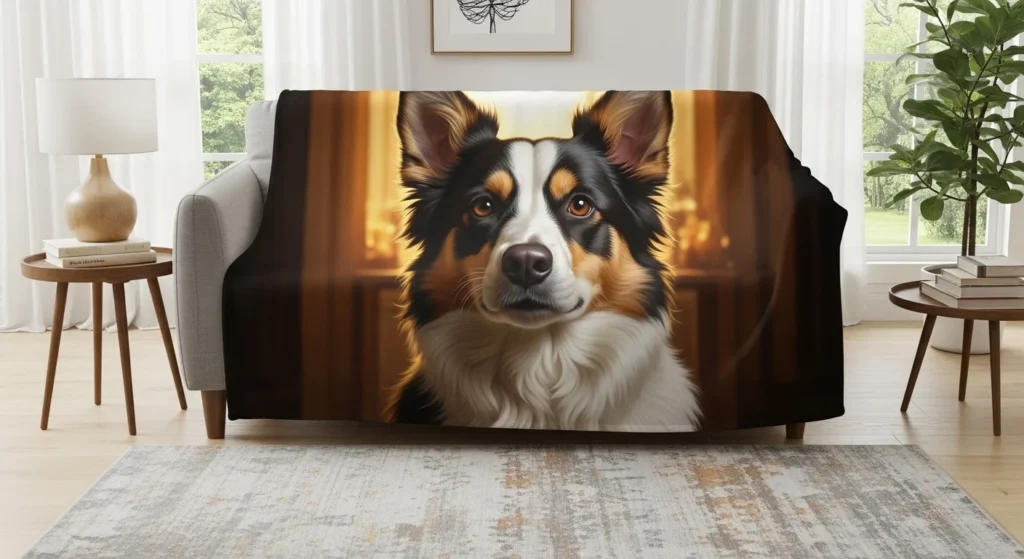 Dog portrait sublimation blanket on sofa.