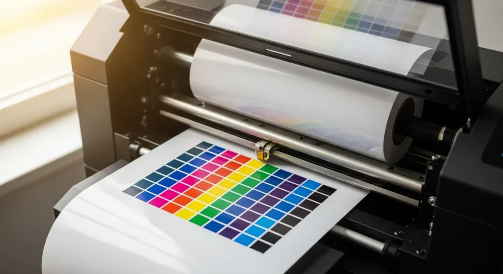 Sublimation printer producing a CMYK color chart on transfer paper.