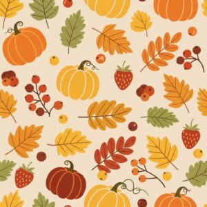 Seamless repeating pattern of autumn leaves, berries, pumpkins, and strawberries in warm earthy tones on a light beige background.