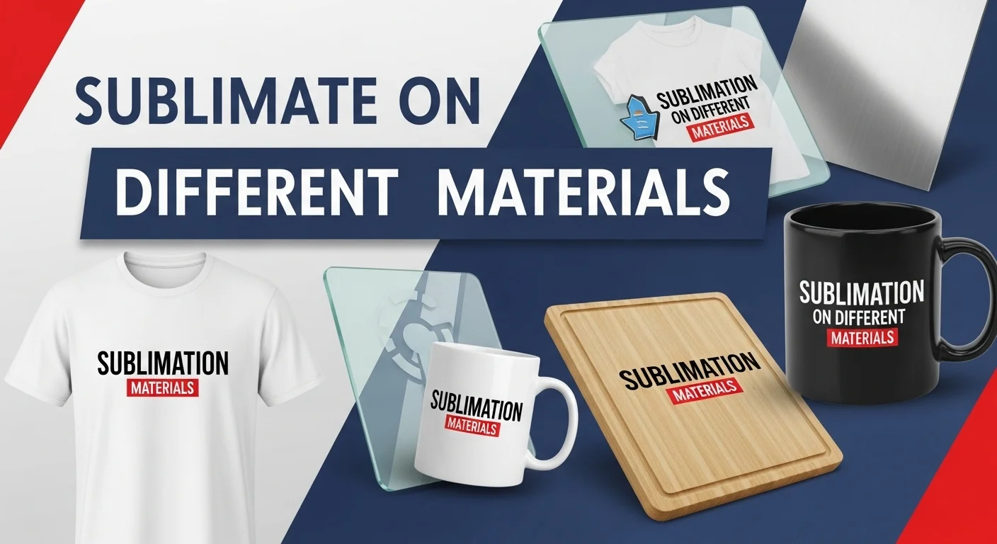 Thumbnail with text "Sublimate on Different Materials" over collage of t-shirt, mug, glass, wood, and metal sublimation items.