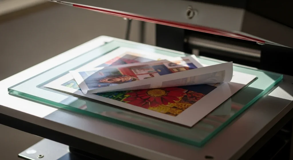Glass photo frame under heat press for sublimation.