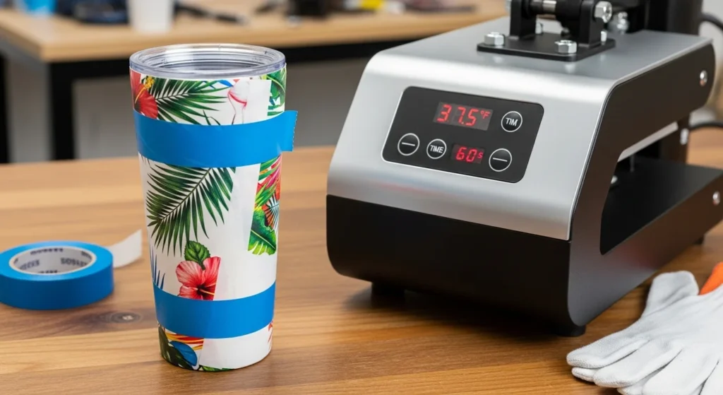 Plastic tumbler wrapped with sublimation paper before pressing.