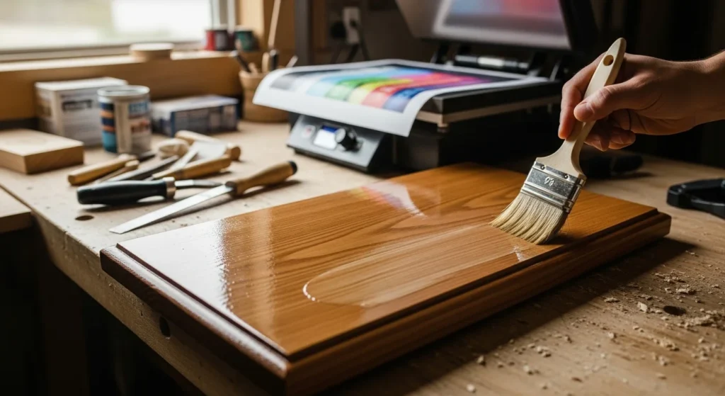 Wooden plaque coated with polycrylic for sublimation.