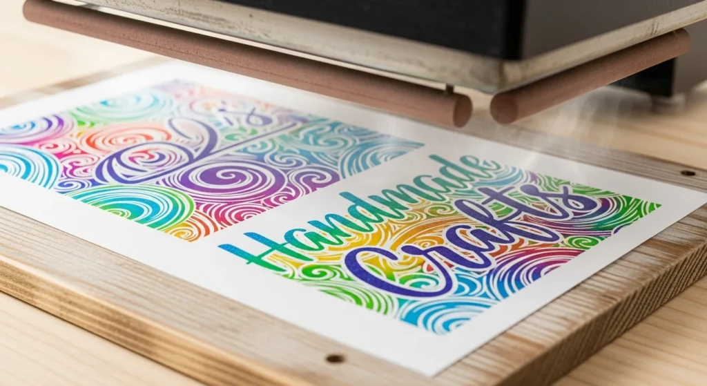 Coated wooden sign receiving a sublimation transfer.