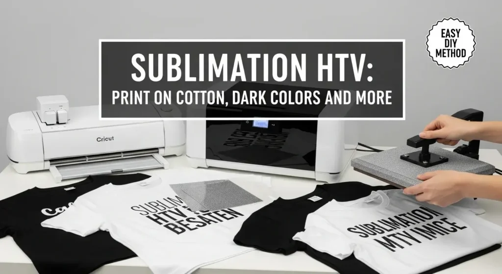 A DIY sublimation workspace showing HTV sheets, Cricut, heat press, and cotton shirts in black and white, ready for sublimation printing.