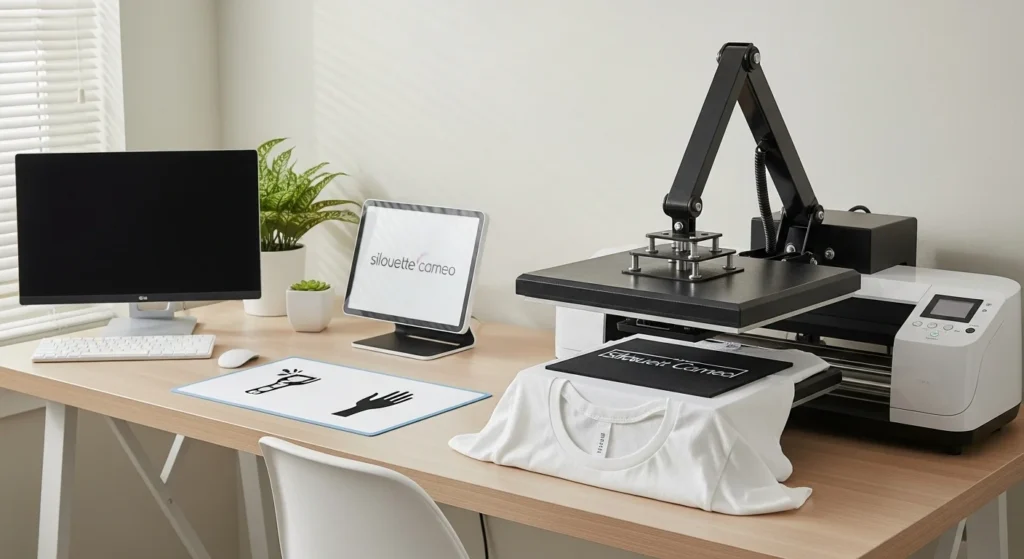 Compatible cutting and heat press machines for sublimation HTV on cotton T-shirts.