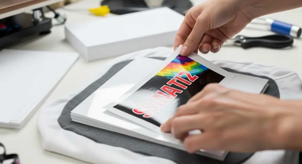 Printed sublimation paper placed over sublimation HTV on a cotton shirt before heat pressing.