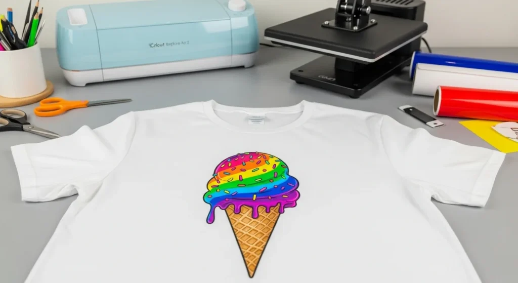 Sublimation HTV on white cotton T-shirt using Cricut and heat press in a home setup.