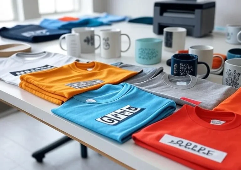 Sublimation blanks and printer arranged on a table.