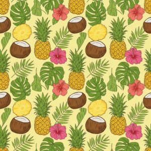 Seamless repeating pattern with pineapples, tropical leaves, coconuts, and hibiscus flowers in vibrant colors.