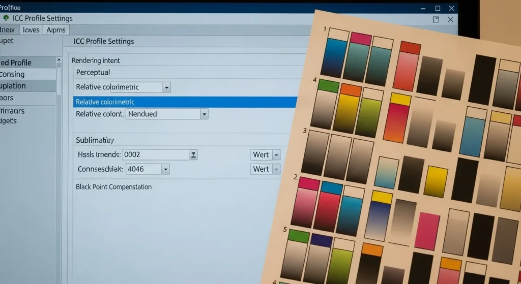 Computer screen with ICC profile settings for sublimation and printed CMYK chart.