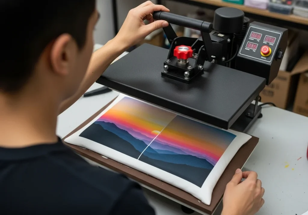 Person adjusting pressure knob on heat press while uneven print shows faded and clear areas on fabric.