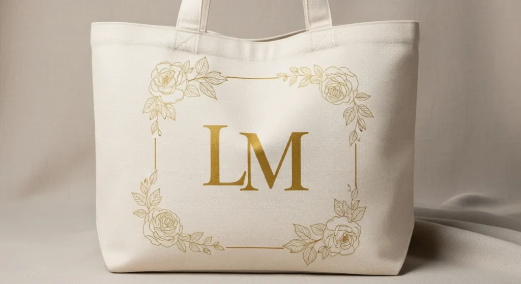 Monogram tote bag with gold letters and floral border.