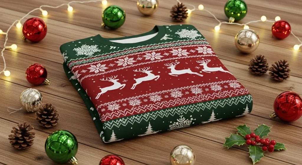 Christmas sublimation sweatshirt with snowflakes and reindeer.