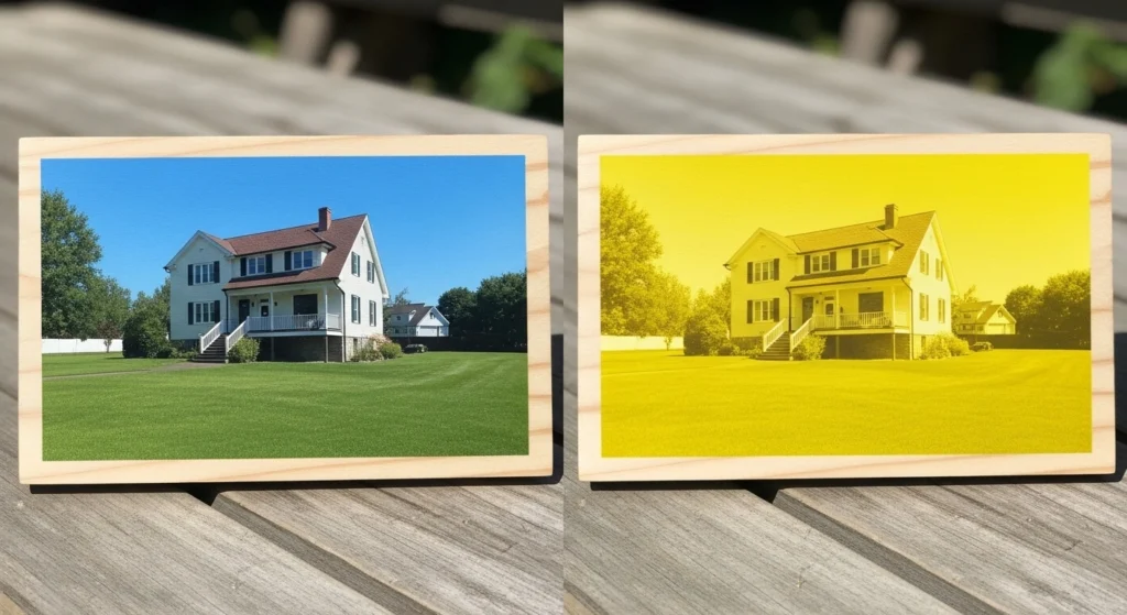Comparison of normal vs yellowed sublimation on wood coated with Polycrylic.