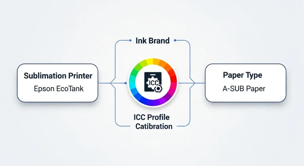 Infographic showing how printer, ink, and paper determine the right ICC profile in sublimation.