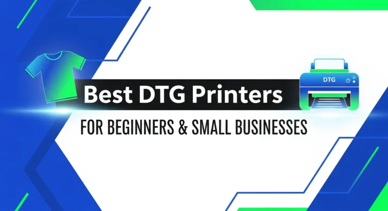 Thumbnail image with bold text 'Best DTG Printers for Beginners & Small Businesses' featuring t-shirt and printer graphics.