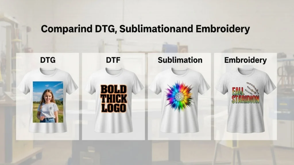 Comparison image showing four T-shirts side by side, each labeled DTG, DTF, Sublimation, and Embroidery, with visible differences in print style and finish, under bold title text ‘Comparing DTG, DTF, Sublimation, and Embroidery.’