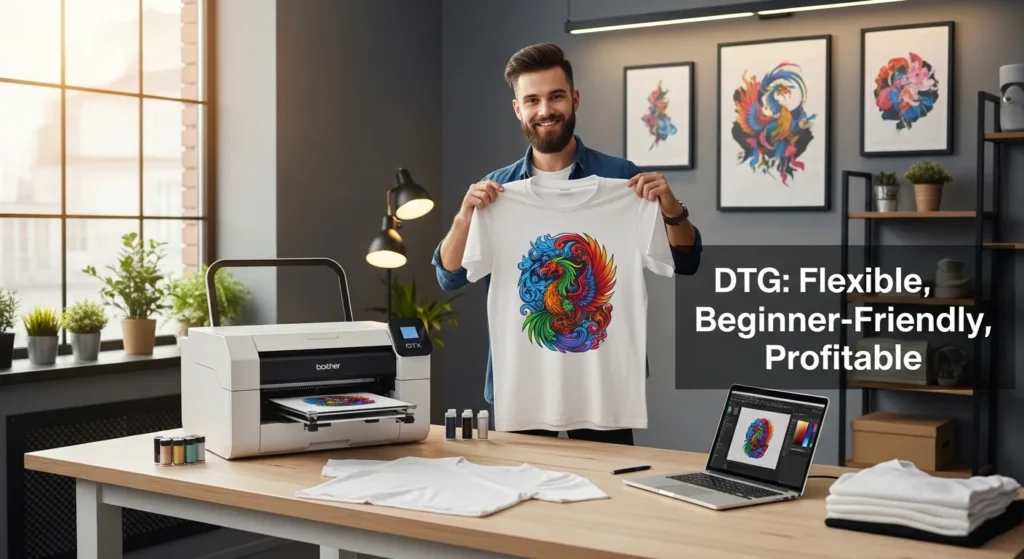 A man with smiling face showing dtf printed shirt, a well setup of dtf printing. 