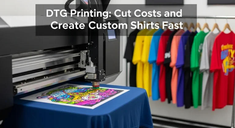 A DTG Printing with info text and some printed clothes.