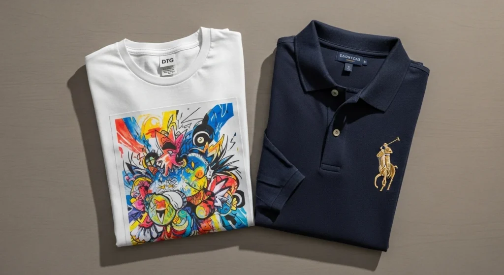 A idea (mockup style) showing a DTG-printed T-shirt next to an embroidered polo.