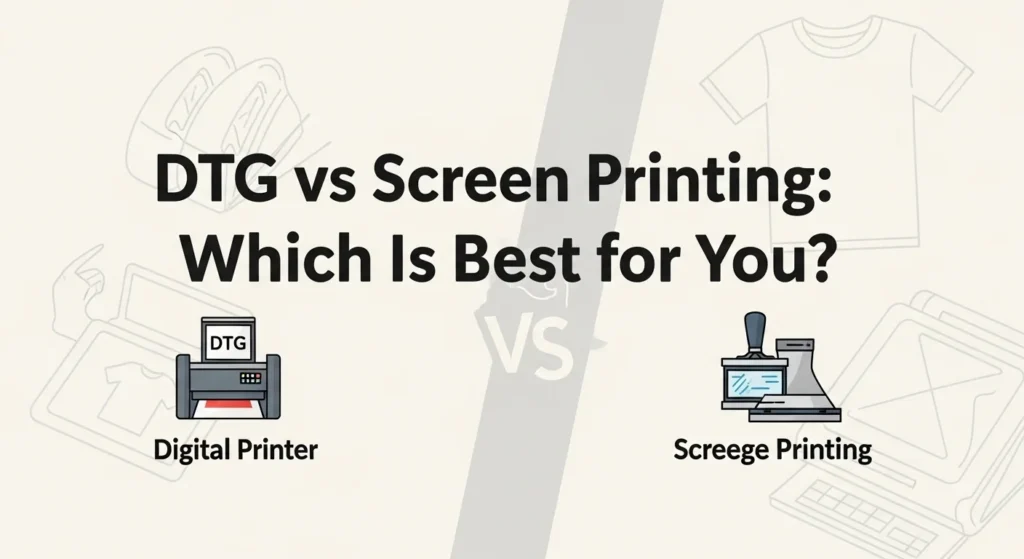 DTG vs Screen Printing: Which Is Best for You? Comparison of printing methods on T-shirts with icons for digital and screen printing.