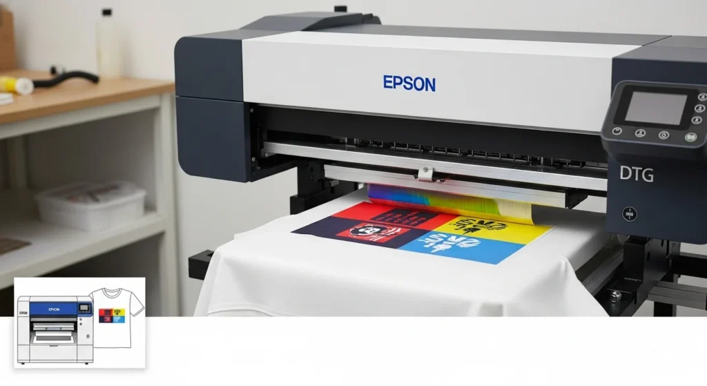 Epson DTG printer printing a colorful T-shirt design in a workshop setting