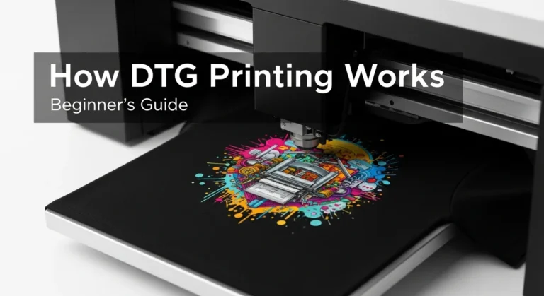 DTG printer printing a colorful design on a black T-shirt with the title “How DTG Printing Works”.