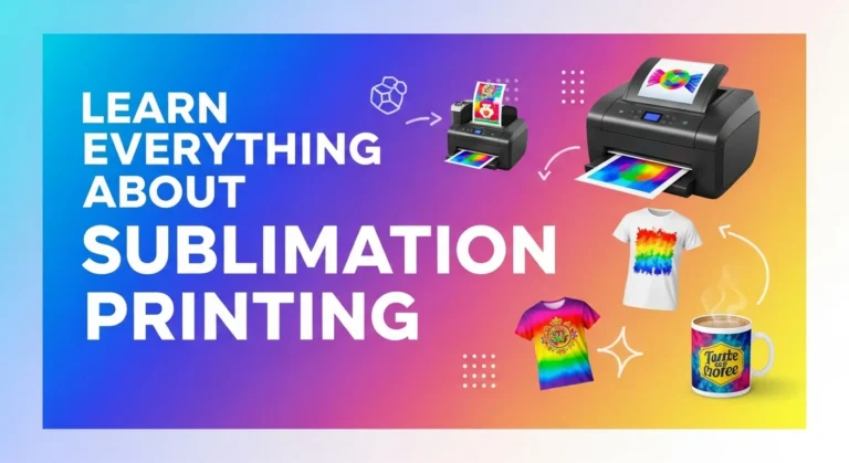 Thumbnail with bold text “Learn Everything About Sublimation Printing” and colorful icons of a t-shirt, mug, and printer on a bright gradient background.