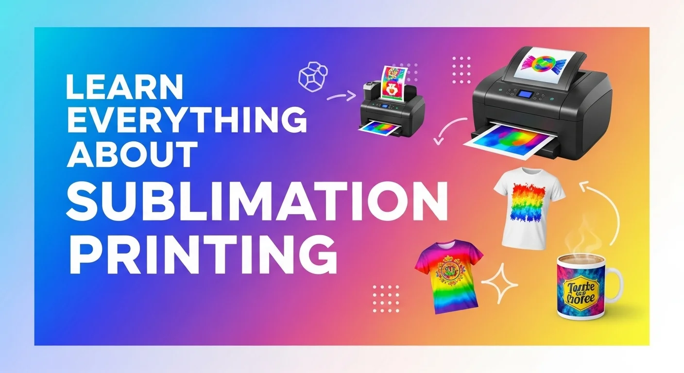 Thumbnail with bold text “Learn Everything About Sublimation Printing” and colorful icons of a t-shirt, mug, and printer on a bright gradient background.
