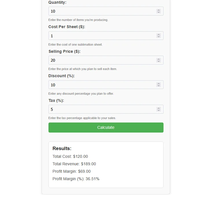 A result screenshot of Sublimation Craft Calculator
