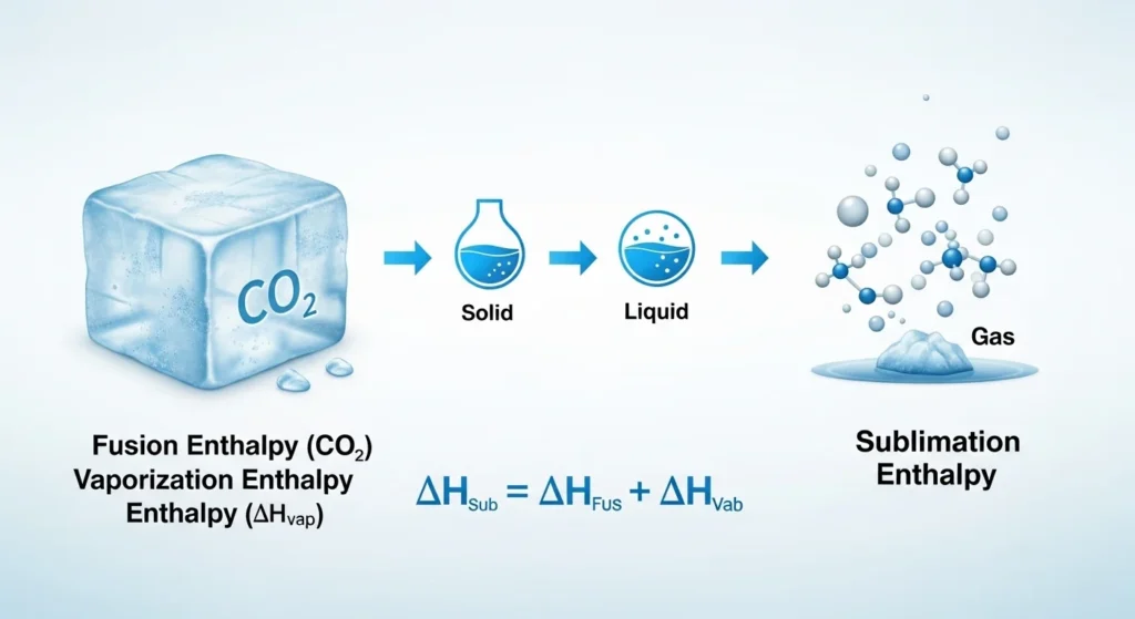 Infographic showing sublimation enthalpy calculation with dry ice turning from solid to gas, arrows for ΔHfus and ΔHvap, and formula ΔHsub = ΔHfus + ΔHvap.