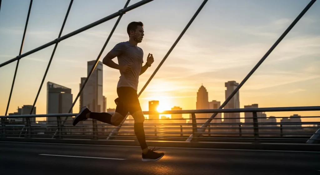 Person running at sunrise to channel anger into exercise.