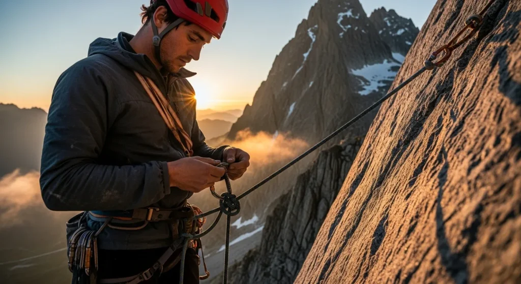 Mountain climber channeling fear into preparation and focus.