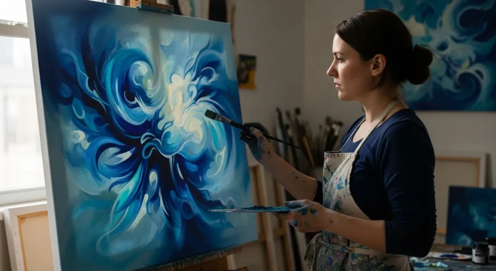 Artist expressing grief through painting in a calm studio.