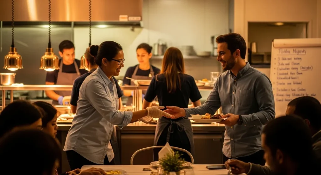 Volunteer serving meals at a food bank to channel guilt into compassion.