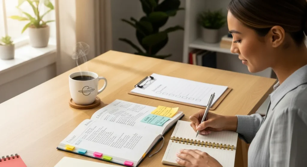 Person managing anxiety by planning tasks in an organized workspace.