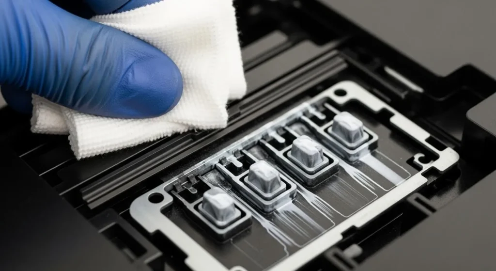 Close-up of wiper blade and capping station being cleaned with lint-free cloth on a sublimation printer.