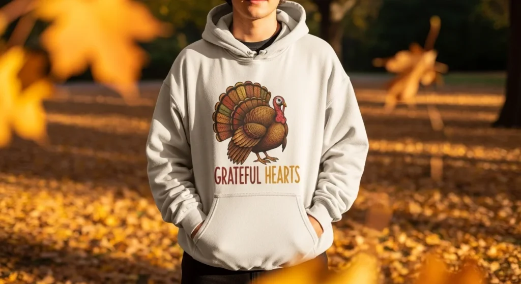 A model in a casual oversized hoodie rocking a sublimation-printed fall shirt with a turkey graphic and "Grateful Hearts"