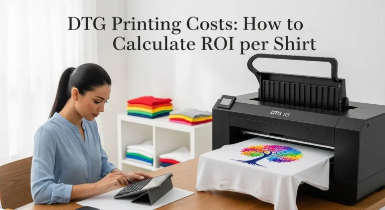A woman using calculator for dtg printing.