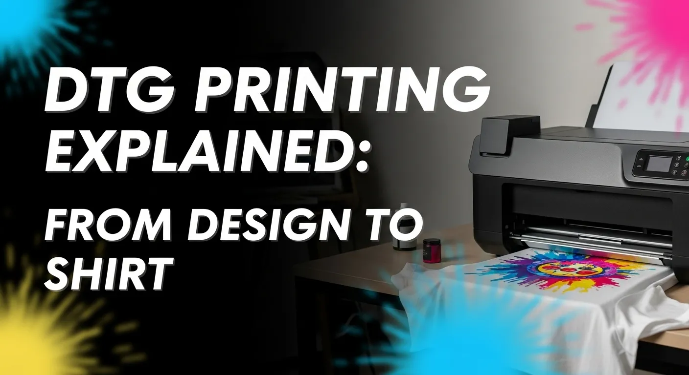 Thumbnail showing a DTG printer printing a colorful t-shirt design with the text “DTG Printing Explained: From Design to Shirt” in bold modern style.