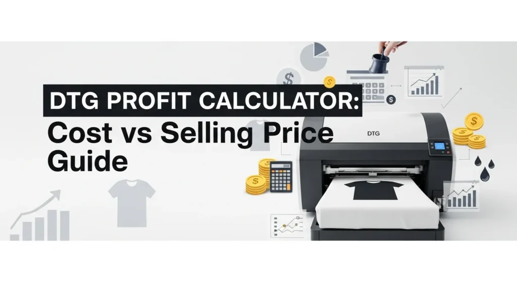 Feature image showing a DTG printer, charts, and a calculator with the text “DTG Profit Calculator: Cost vs Selling Price Guide.”