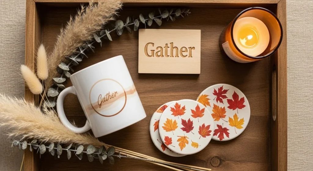 Wooden tray with sublimation mug, autumn leaf coasters, and “Gather” sign styled with dried grasses.