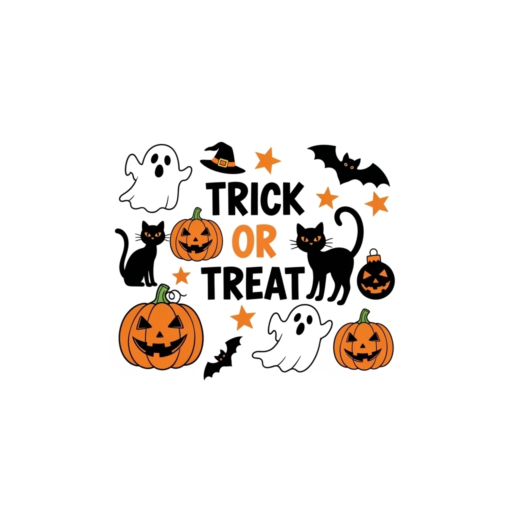 Dollar Tree–style Halloween sublimation design with pumpkins, black cats, ghosts, bats, and “Trick or Treat” text on a white background.