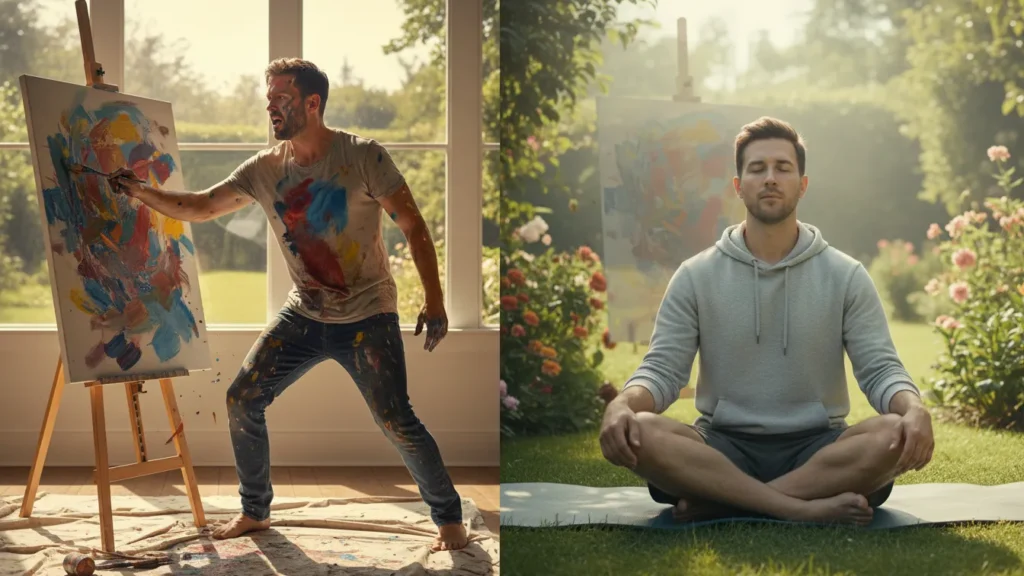 Split image showing emotional sublimation, on the left a man channeling intense emotions into abstract painting indoors, paint splashed on his clothes and canvas, on the right the same man calmly meditating outdoors on a yoga mat in a garden, representing different psychological coping strategies.