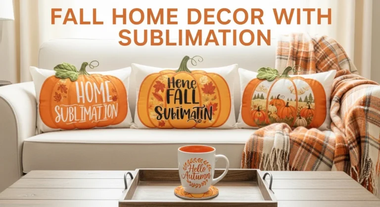 Blog thumbnail showing a cozy fall living room vignette with pumpkin pillows, mug, and tray, titled “Fall Home Decor with Sublimation”