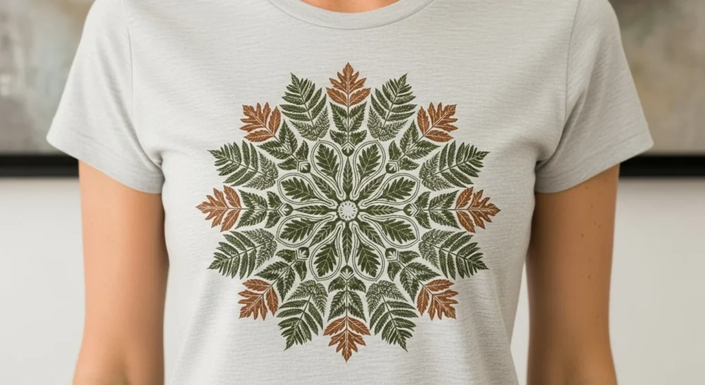 A woman wearing a Fall Sublimation Design Leaf Mandala Shirt.