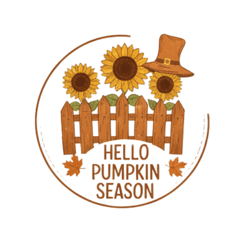 A rustic wooden fence with sunflowers peeking over it, and a straw hat resting on one of the fence posts. Small pumpkins are nestled at the base of the fence. The text "Hello Pumpkin Season" welcomes the season.