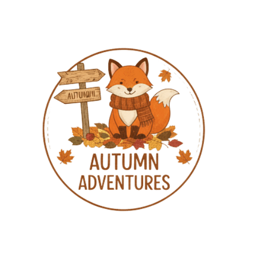 A cute, friendly fox wearing a scarf sits next to a wooden sign pointing to "Autumn." Surrounding the fox are more autumn leaves and tiny stars. The text "Autumn Adventures" is below.