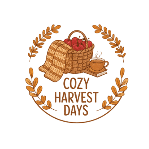 This design showcases a basket overflowing with apples, a warm knitted blanket, and a steaming cup, all framed by elegant laurel branches made of autumn leaves. The text "Cozy Harvest Days" adds to the warm feel.